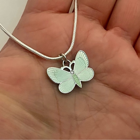 RARE Coach Teal & Green Enamel Crystal Butterfly Pendant .925 Sterling Necklace - Picture 4 of 7